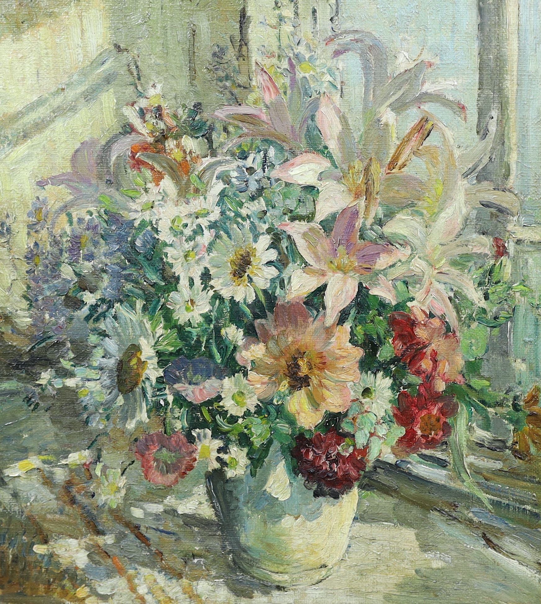 Attributed to Dorothea Sharp ROI RBA (1873-1955), Still life of summer flowers in a white vase, oil on canvas, 56 x 50cm